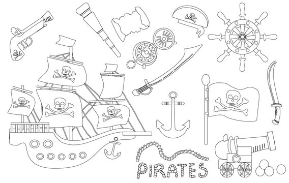 Cute pirate set with design elements, drawn in a flat cartoon linear style. For children's quests, games and coloring books