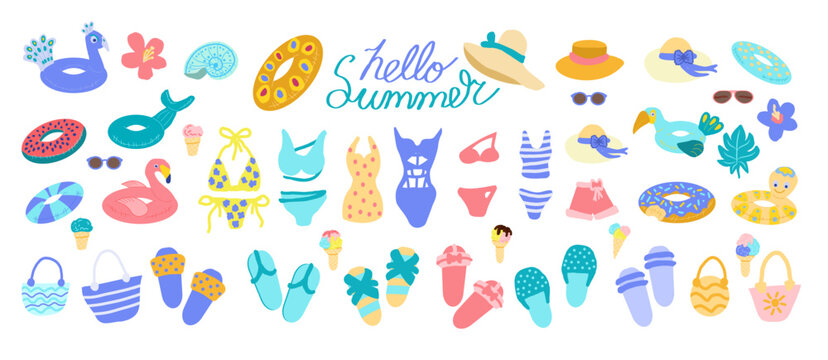 Big summer collection of beach design elements in a flat cartoon doodle style.  Cute summer greeting card in horizontal format. Lettering hello summer