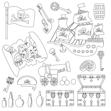 A cute pirate set with design elements, a pirate ship, an antique map, a chest and a cannon drawn in a flat cartoon linear style. For children's quests, games and coloring books