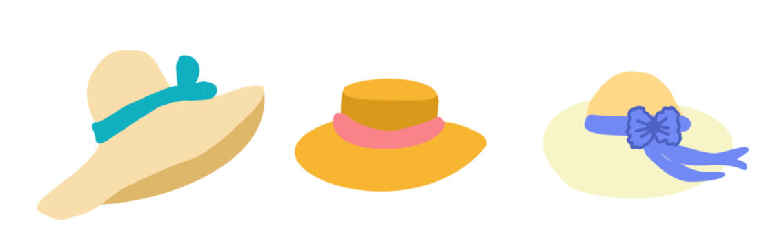 Vector set of beach summer straw hats in a flat cartoon doodle style.