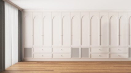Blurred background, interior walk-in closet in simple classic style. Empty room design, wardrobe...