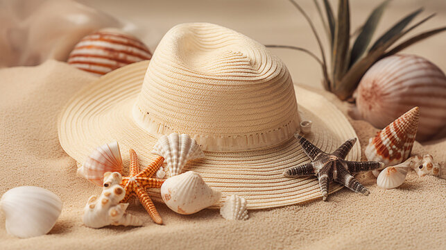 cen&aacute;rio de fundo de f&eacute;rias no ver&atilde;o, chap&eacute;u com conchas do mar em tons de areia 