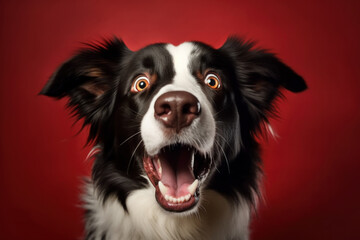 Excited surprised Border Collie dog, on bright red background. AI generative.
