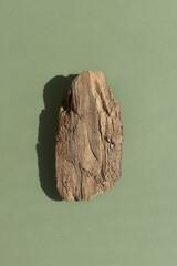 Naklejka premium Abstract minimal tree bark scene. Natural wooden podium on a green background. Concept natural cosmetics with organic components. Showcase, display case.