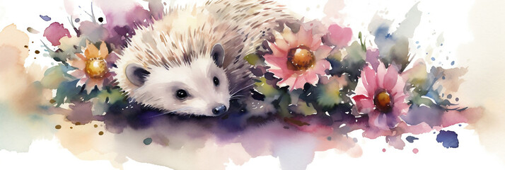 Watercolor painting of cute hedgehog in a colorful flower field, banner, generative AI