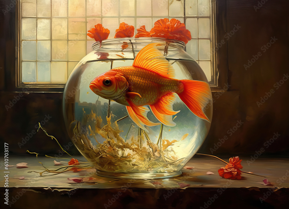 Wall mural Goldfish in an aquarium with green beautiful plants.