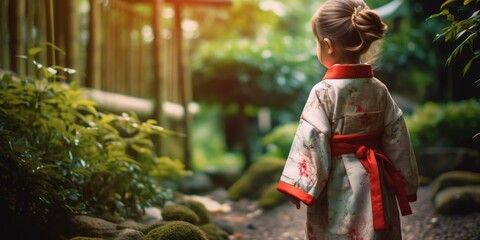Obraz premium Japanese little girl wearing traditional cloth in garden. Asian little girl wearing kimono