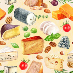 Seamless pattern with different types of cheese set with nuts, and spices. Watercolor hand-drawn illustration.