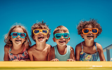 Happy kids in colorful sunglasses are laughing and having fun in the swimming pool on summer vacation - ai generative