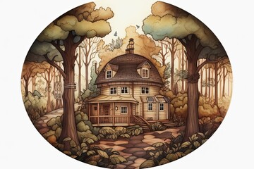 Botanical illustration of a cartoon house in the forest with green tones. Generative AI