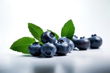 Delicious and flavorful blueberries with their green leaves on a white background. Generative AI