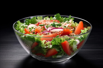 Salad of chopped fresh vegetables, in a glass bowl.