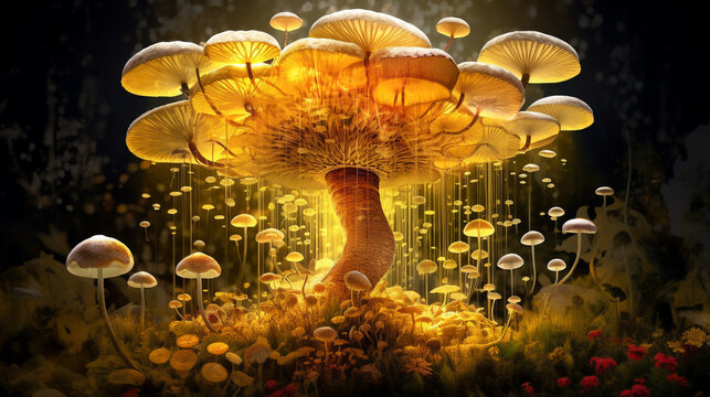 AI-Generated For the Love of Plants: Harmonious Blend of Technology and Nature.  Mushroom City, Wallpaper, Cover Photo, Banner, Background
