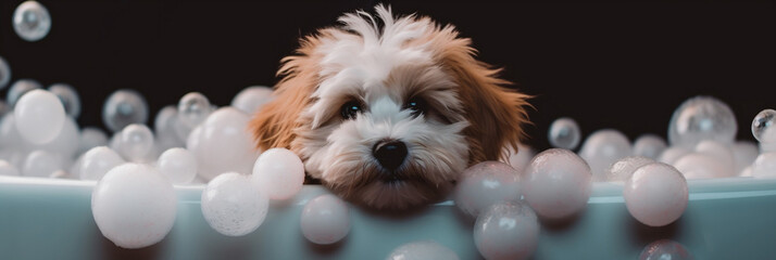 Cute puppy in foam bath, banner, generative AI