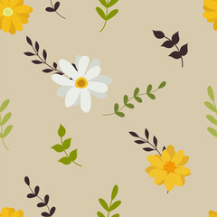 Seamless floral pattern on a dusty pink background. Yellow and white flowers, with green foliage.
Gentle vector illustration eps 10.