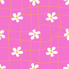 Acid pink groovy seamless pattern with white flowers. Retro hippie psychedelic chamomile texture. Melted checkered vector design. Great for textile, fabric, stationery, wallpapers and wrapping