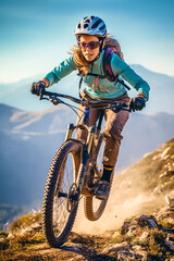 Obraz na płótnie Canvas Young woman in helmet and goggles riding down on Mountainbike