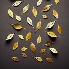 Golden flying autumn leaves of different shapes on light gray background. Autumn concept, fall background. Minimal floral design, autumn leaf frame. Golden twig. Autumn creative composition.
