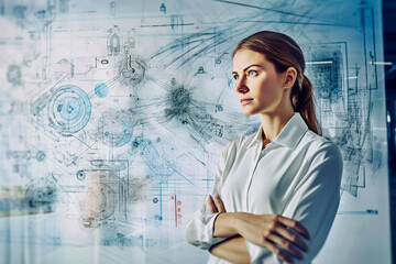A female scientist standing in front of a large blackboard and showing and intricate diagrams. AI generativ.