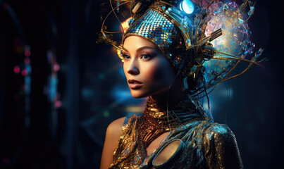 Generative AI illustration of gorgeous female model wearing futuristic turtleneck dress and technological headwear with glowing lamps and wires