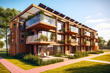 Fototapeta Modern eco-friendly multifamily homes with photovoltaic cells.AI generativ obraz