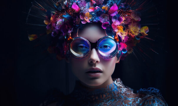 Generative AI illustration of young female model wearing colorful headgear with bright flowers and round shaped futuristic glasses looking at camera