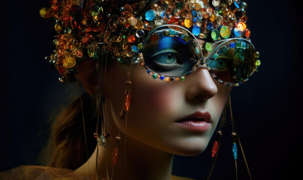 Generative AI illustration of young female model wearing shiny colorful headgear made of gemstones and futuristic glasses while looking away