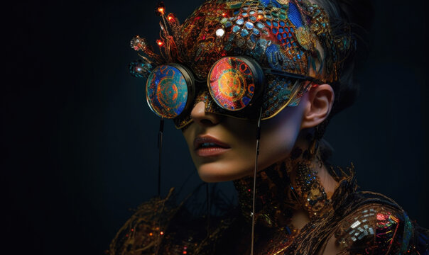 Generative AI illustration of female model wearing ornamental protective helmet with round shaped technological goggles against black background