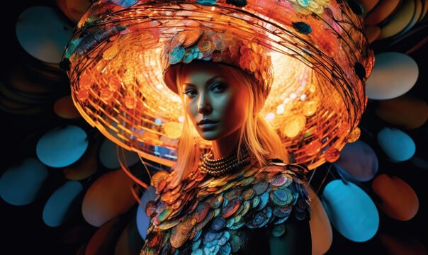 Generative AI illustration of young female model wearing futuristic huge round shaped headgear illuminated by yellow light and outfit with big sequins