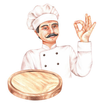 Watercolor illustration. Chef in uniform holding empty cutting board and making OK gesture. Isolated on a white background. For the design of the menu of restaurants, logos of cafes and pizzerias