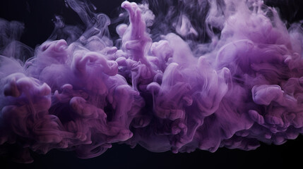 Generative AI illustration of abstract purple and violet fluffy pastel ink smoke cloud against black background