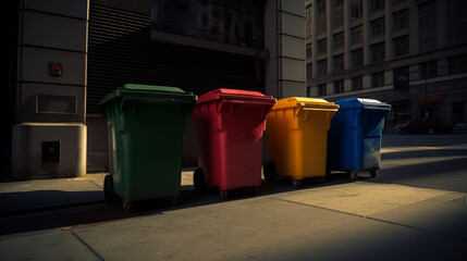 Generative AI illustration of multicolored plastic garbage trash bins for sorting waste placed on city street in evening time