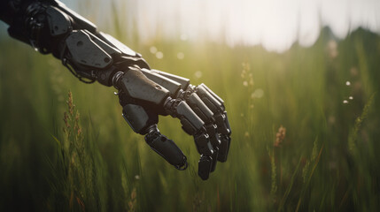 Generative AI illustration of futuristic bionic arm prosthesis with robotic technology on field against blurred background