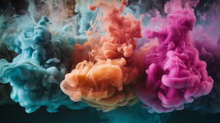 Generative AI illustration colorful abstract background of fantastic pink orange and blue smoke diffusing in air against black backdrop