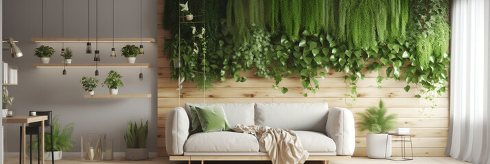 Living room with vertical garden, banner, generative AI