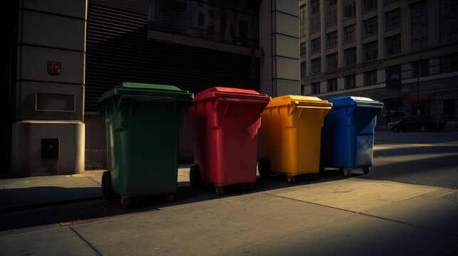Generative AI illustration of multicolored plastic garbage trash bins for sorting waste placed on city street in evening time