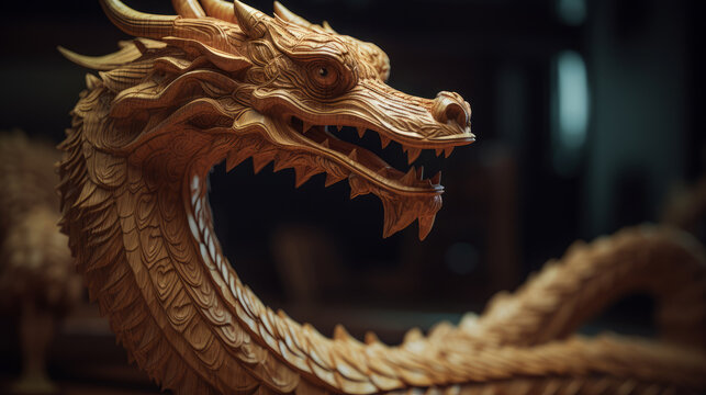 Generative AI illustration soft focus of golden dragon with rough skin sharp teeth and open mouth in darkness with glowing light