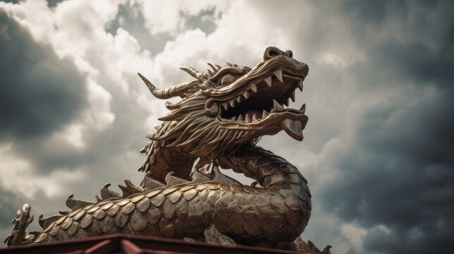 Generative AI illustration of traditional Chinese wooden dragon against cloudy sky. 2024 New Year concept