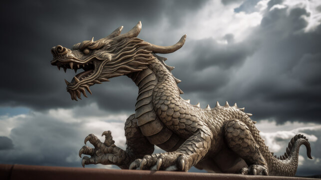 Generative AI illustration of large scary powerful and aggressive dragon with rough skin and open mouth against overcast gloomy sky