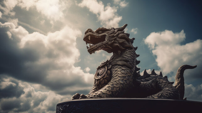 Generative AI illustration of traditional Chinese wooden dragon against cloudy sky. 2024 New Year concept