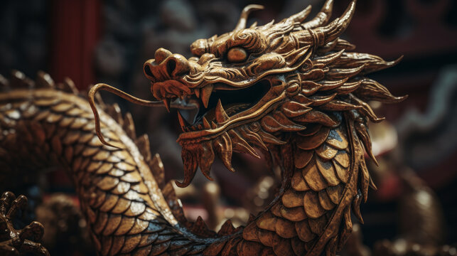 Generative AI illustration of traditional Chinese golden dragon against blurred background. 2024 New Year concept