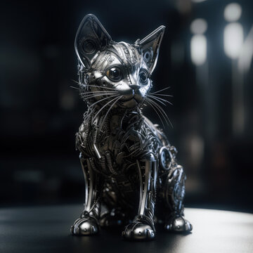 Generative AI illustration of adorable futuristic robotic cat with metal details and whiskers sitting on table against blurred background
