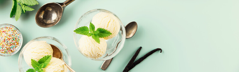 Scoops of Vanilla, sprinkles and mint leaves in glass bowl over pastel light blue background, top view, banner, copy space