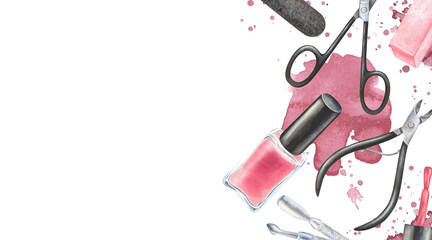 Blank business card for a beauty nail salon. Watercolor illustration. Hand-drawn and isolated on white background. Rectangular frame with space for text. Manicure supplies: nail polish, scissors
