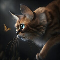 Somali cat hunting on a butterfly on dark background generated with AI