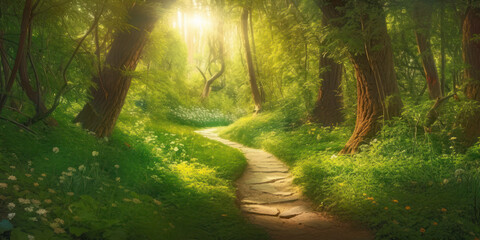 Winding path in sunlit vibrant summer forest