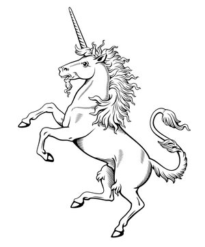 recommend clip art: Heraldic Unicorn Salient. Ink style engraving vector clipart. All white parts available for coloring.
