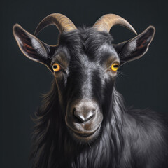 Black goat close up head portrait over dark background