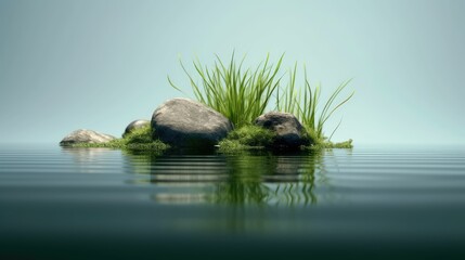 Still life by the water with stones, grass, and water, generative ai
