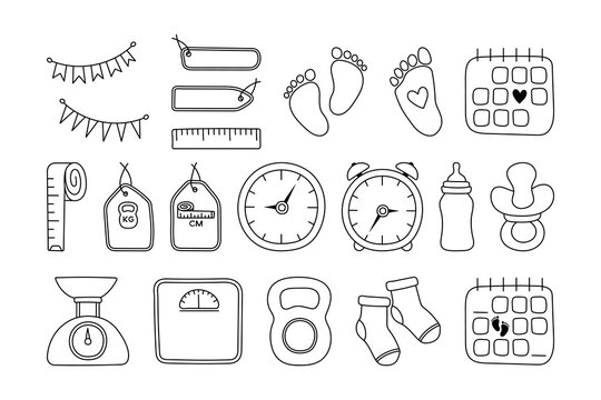 Set baby metric doodles. Birth announcement. Vector set newborn hand drawn elements. Gender party outline icons. Birth stats line art illustrations. Age, height, weight data and cute baby accessories.